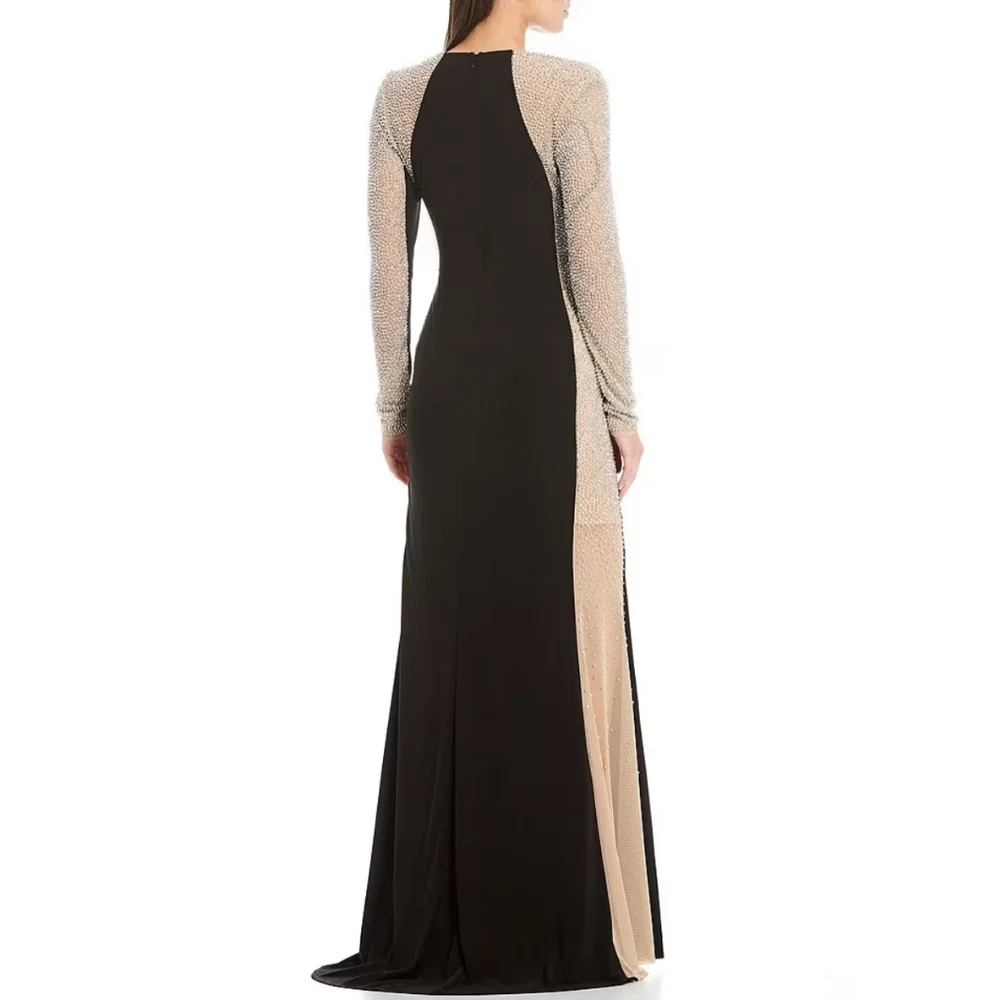 NWT Escape Caviar Beaded Mesh Panel Long Sleeve Sheath Gown Size 14 - Picture 4 of 6